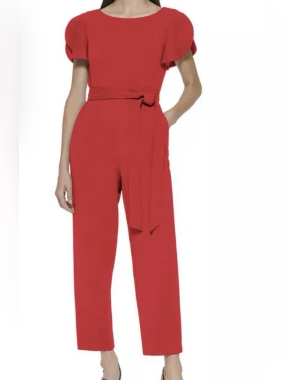Calvin Klein Orange Crepe Belted Jumpsuit Waist Tie Back Zip Size 6
NWT